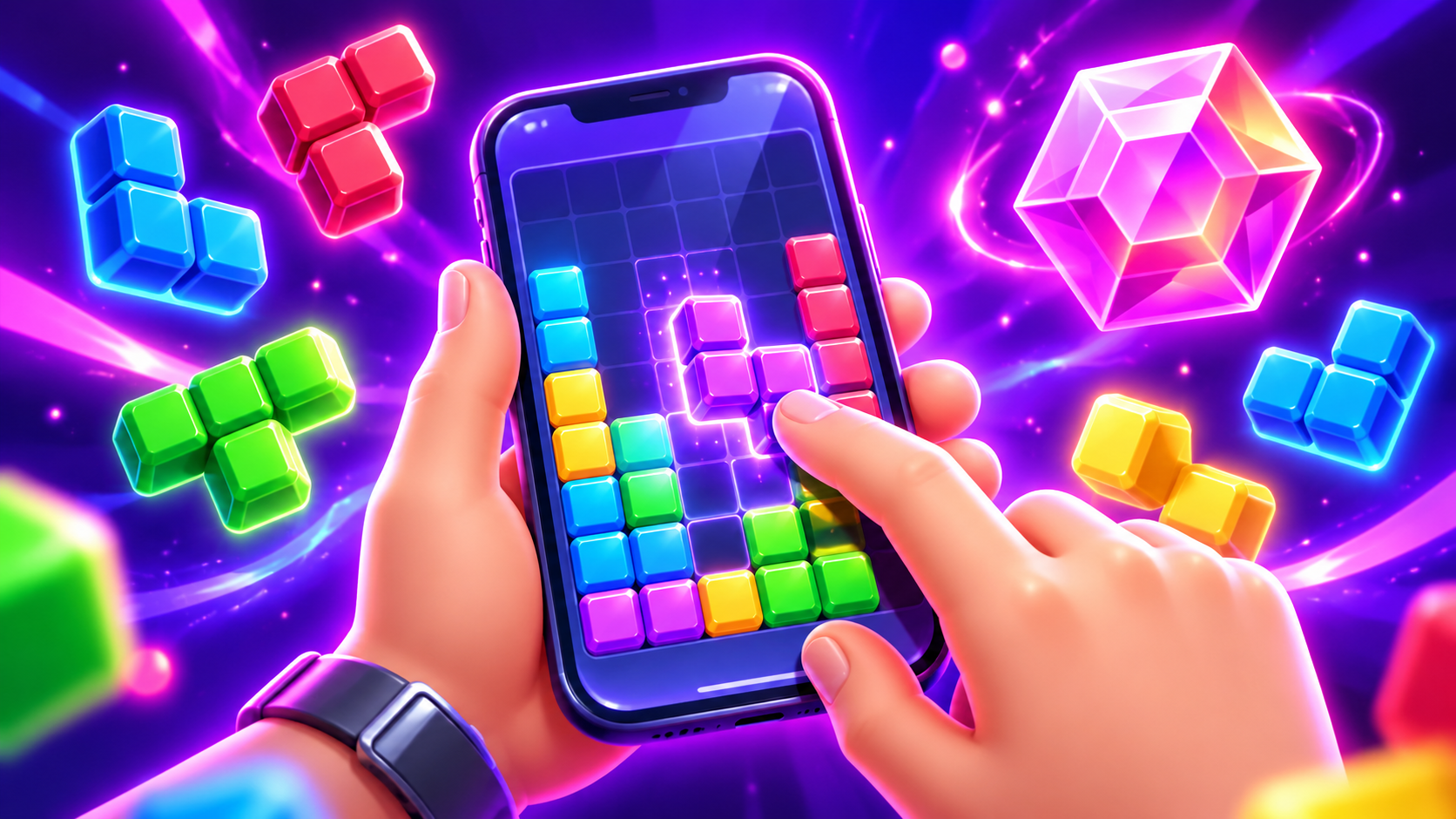 Colorful block puzzle being played on a smartphone